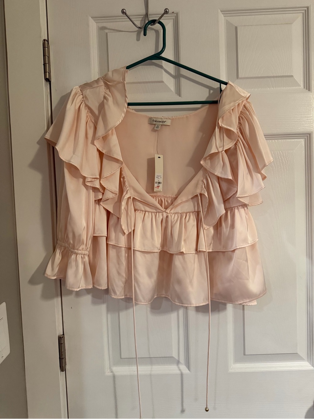 Francesca's Collections Light Blush Ruffle Tie-Front Crop Blouse